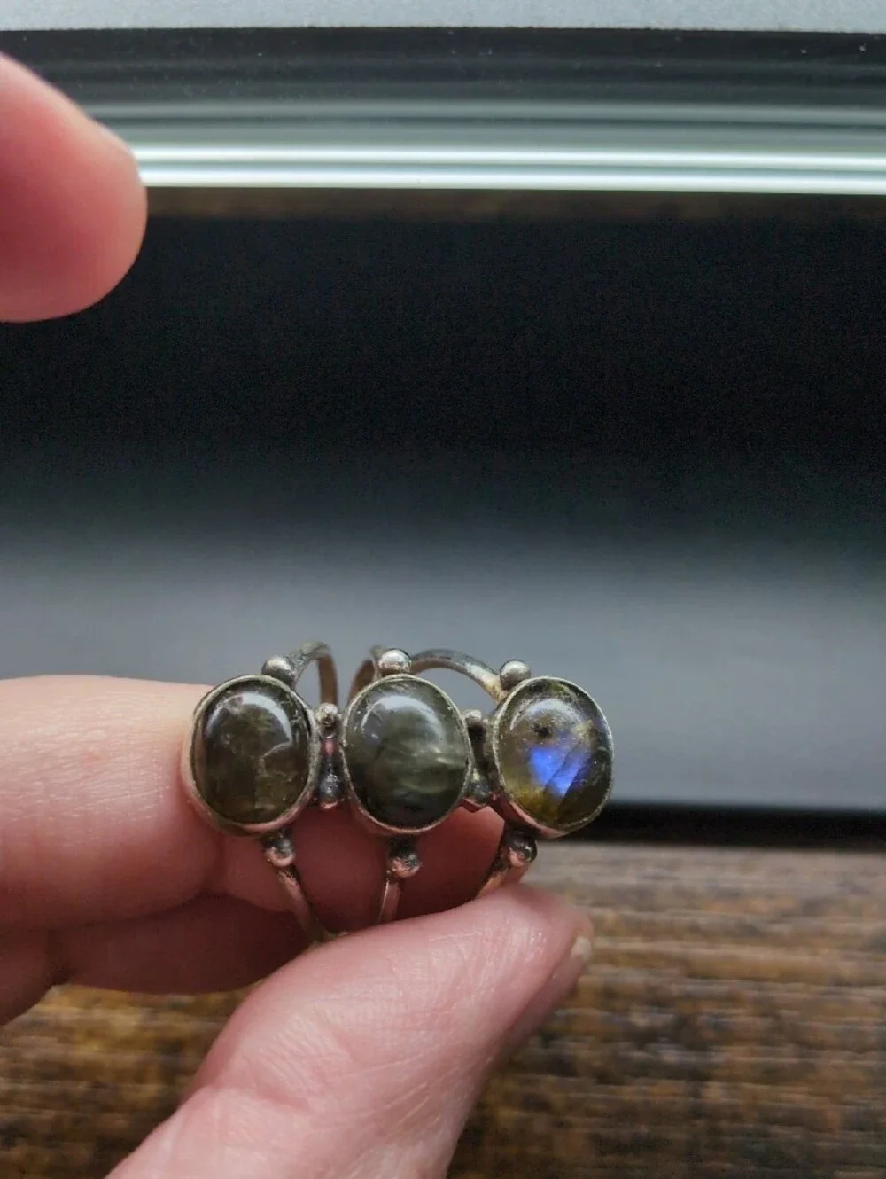 Triple Stone Labradorite Silver Ring - Green/Gray Accent